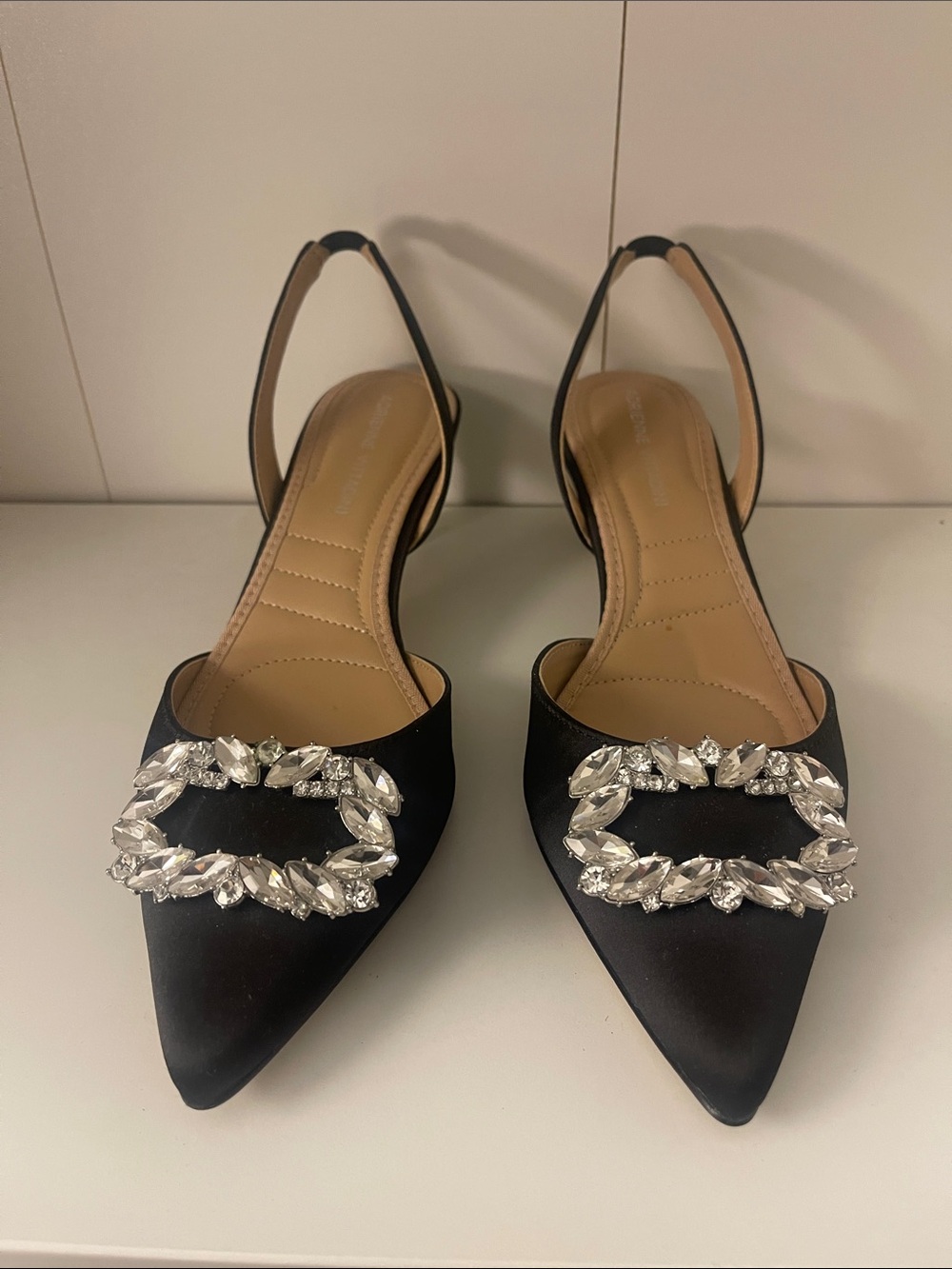 Adrianna Papell Black Satin Pointed Slingback Flats with Crystal Buckles